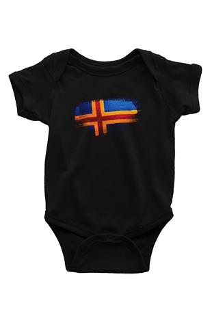 Aland Adaları - Aland İslands Bayrağı Baskılı Unisex Siyah Bebek Body - Zıbın