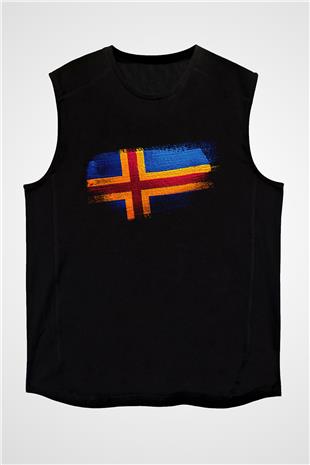 Aland Adaları - Aland İslands Bayrağı Baskılı Unisex Siyah Kolsuz Tişört