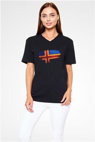 Aland Adaları - Aland İslands Bayrağı Baskılı Unisex Siyah V Yaka Tişört