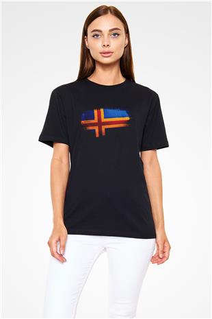 Aland Adaları - Aland İslands Bayrağı Baskılı Unisex Siyah Tişört