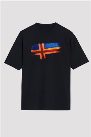 Aland Adaları - Aland İslands Bayrağı Baskılı Unisex Siyah Oversize Tişört