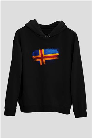 Aland Adaları - Aland İslands Bayrağı Baskılı Unisex Siyah Hoodie