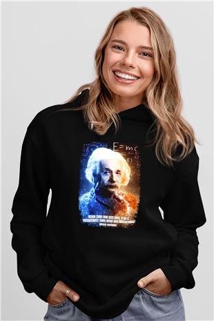 Albert Alıntı Baskılı Unisex Siyah Hoodie