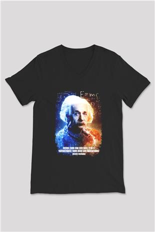 Albert Alıntı Baskılı Unisex V Yaka Siyah Tİşört - Tshirt