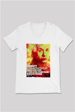 Albert Einstein Alıntı Baskılı Unisex V Yaka Beyaz Tişört - Tshirt
