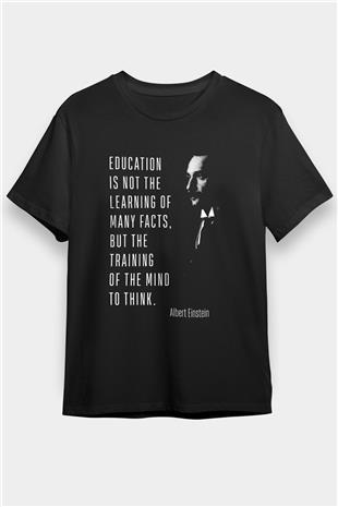 Albert Einstein Alıntı Baskılı Unisex Siyah Tişört - Tshirt