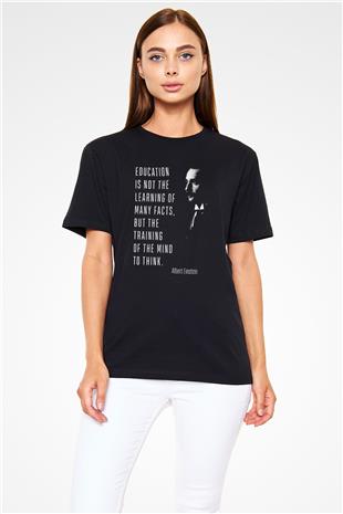 Albert Einstein Alıntı Baskılı Unisex Siyah Tişört - Tshirt