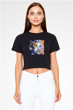 Albert Einstein Baskılı Siyah Kadın Crop Top Tişört