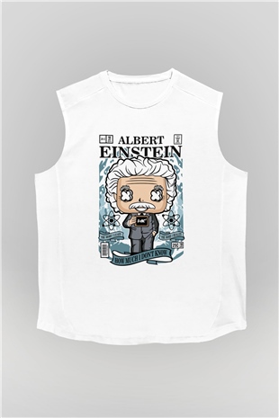 Albert Einstein Baskılı Unisex Beyaz Kolsuz Tişört