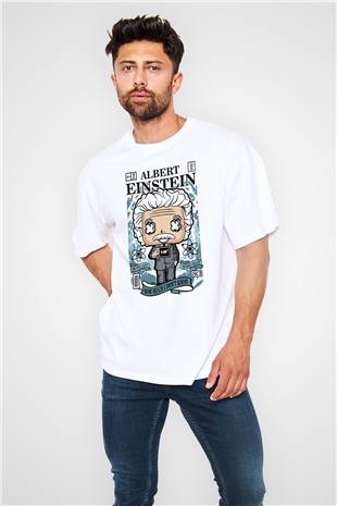 Albert Einstein Baskılı Unisex Beyaz Oversize Tişört