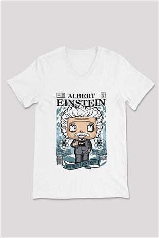 Albert Einstein Baskılı Unisex Beyaz V Yaka Tişört