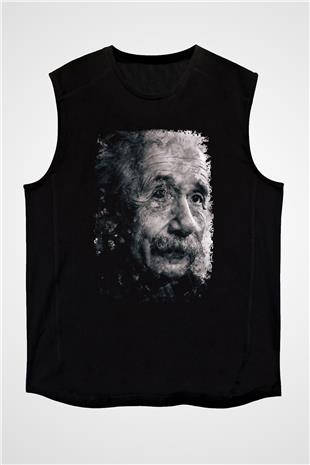 Albert Einstein Baskılı Unisex Kolsuz Siyah Tişört - Tshirt