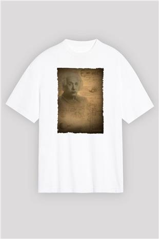 Albert Einstein Baskılı Unisex Oversize Beyaz Tişört - Tshirt