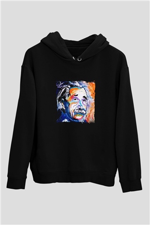 Albert Einstein Baskılı Unisex Siyah Hoodie