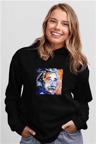 Albert Einstein Baskılı Unisex Siyah Hoodie