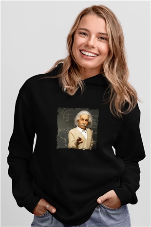 Albert Einstein Baskılı Unisex Siyah Hoodie