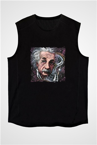 Albert Einstein Baskılı Unisex Siyah Kolsuz Tişört