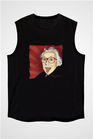 Albert Einstein Baskılı Unisex Siyah Kolsuz Tişört