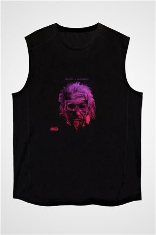 Albert Einstein Baskılı Unisex Siyah Kolsuz Tişört