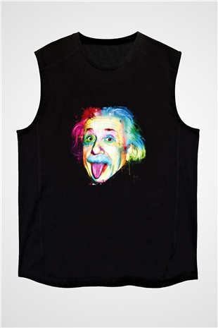 Albert Einstein Baskılı Unisex Siyah Kolsuz Tişört