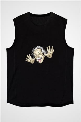Albert Einstein Baskılı Unisex Siyah Kolsuz Tişört