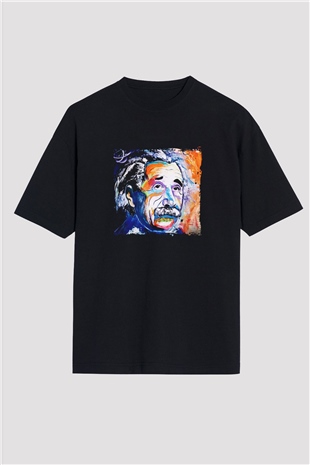 Albert Einstein Baskılı Unisex Siyah Oversize Tişört