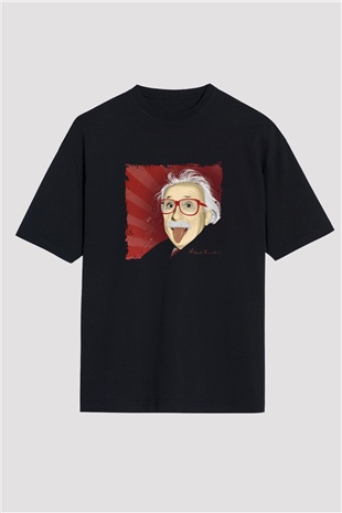 Albert Einstein Baskılı Unisex Siyah Oversize Tişört