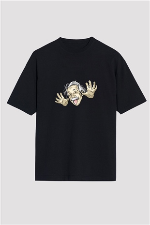Albert Einstein Baskılı Unisex Siyah Oversize Tişört