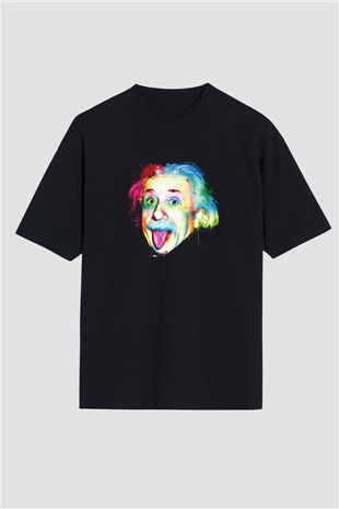 Albert Einstein Baskılı Unisex Siyah Oversize Tişört