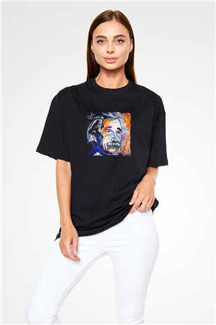 Albert Einstein Baskılı Unisex Siyah Oversize Tişört