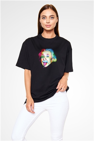 Albert Einstein Baskılı Unisex Siyah Oversize Tişört