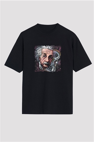 Albert Einstein Baskılı Unisex Siyah Oversize Tişört