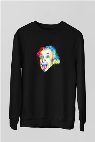 Albert Einstein Baskılı Unisex Siyah Sweatshirt
