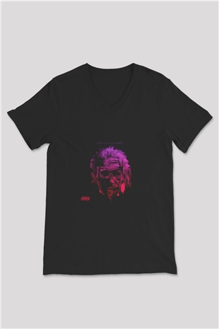 Albert Einstein Baskılı Unisex Siyah V Yaka Tişört