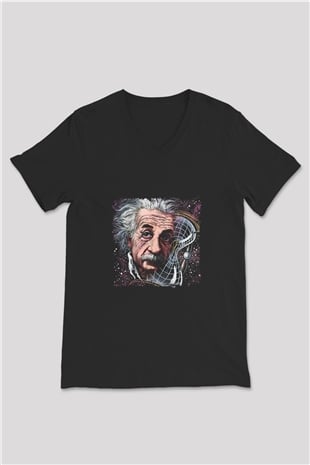 Albert Einstein Baskılı Unisex Siyah V Yaka Tişört