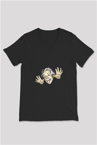Albert Einstein Baskılı Unisex Siyah V Yaka Tişört