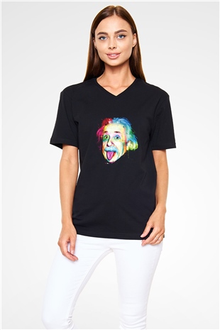 Albert Einstein Baskılı Unisex Siyah V Yaka Tişört