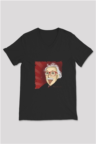 Albert Einstein Baskılı Unisex Siyah V Yaka Tişört