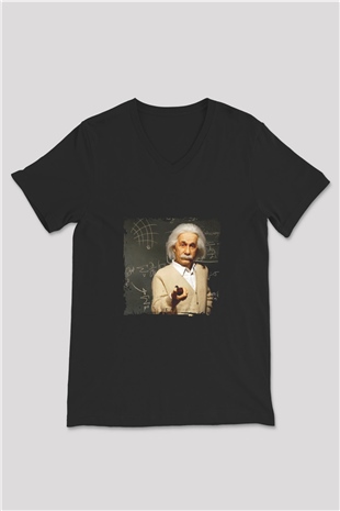 Albert Einstein Baskılı Unisex Siyah V Yaka Tişört