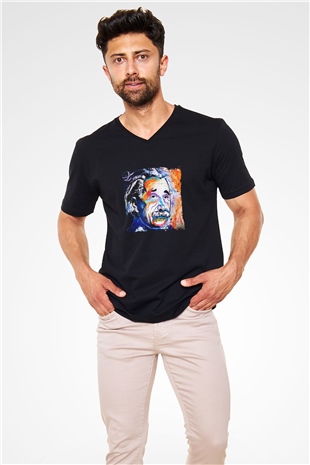 Albert Einstein Baskılı Unisex Siyah V Yaka Tişört