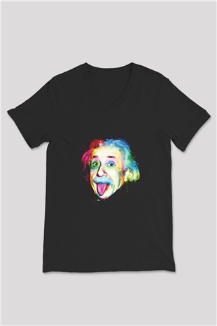 Albert Einstein Baskılı Unisex Siyah V Yaka Tişört