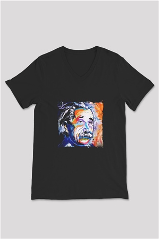 Albert Einstein Baskılı Unisex Siyah V Yaka Tişört