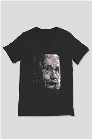 Albert Einstein Baskılı Unisex V Yaka Siyah Tİşört - Tshirt