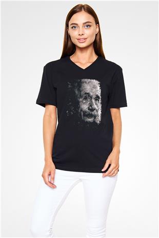 Albert Einstein Baskılı Unisex V Yaka Siyah Tİşört - Tshirt