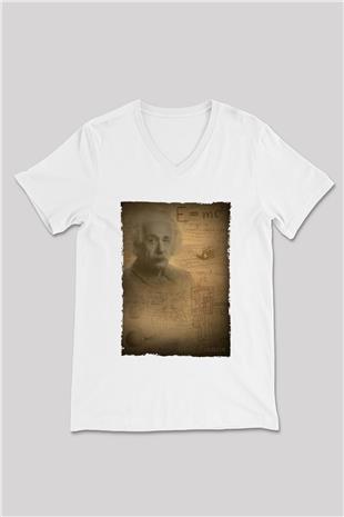 Albert Einstein Baskılı Unisex V Yaka Beyaz Tişört - Tshirt