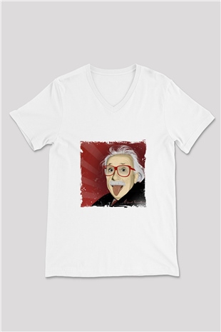 Albert Einstein Baskılı V Yaka Unisex Beyaz Tişört
