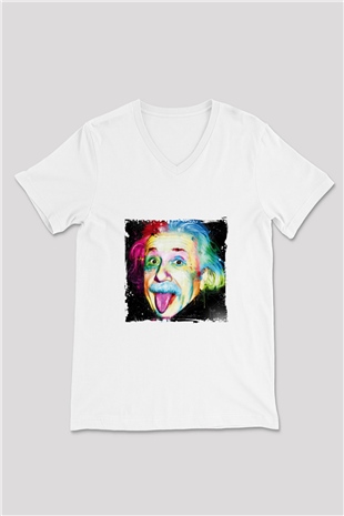 Albert Einstein Baskılı V Yaka Unisex Beyaz Tişört