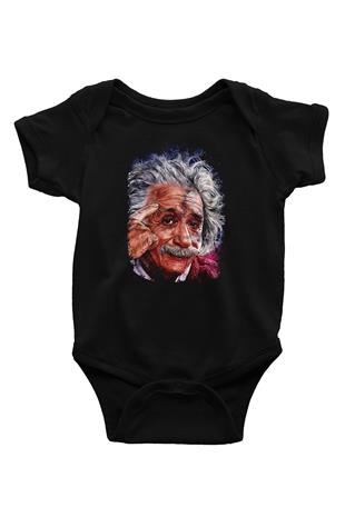 Albert Einstein Çizim Baskılı Unisex  Siyah Bebek Body - Zıbın