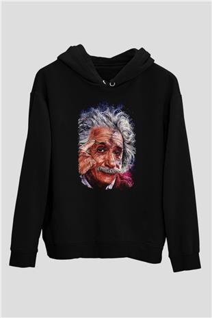 Albert Einstein Çizim Baskılı Unisex Siyah Hoodie