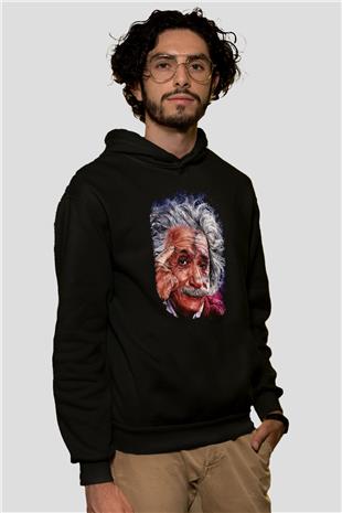 Albert Einstein Çizim Baskılı Unisex Siyah Hoodie